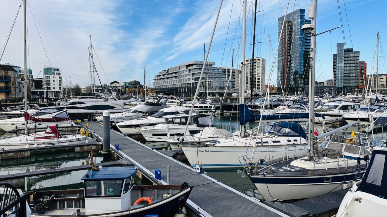 Boats along the waterfront at Ocean Village, Southampton
