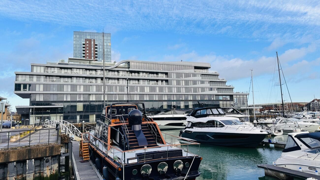 Boats at Ocean Village marina with a clear blue sky