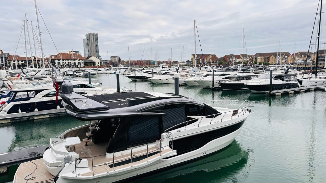 Boats tied up at Ocean Village marina on a cloudy day