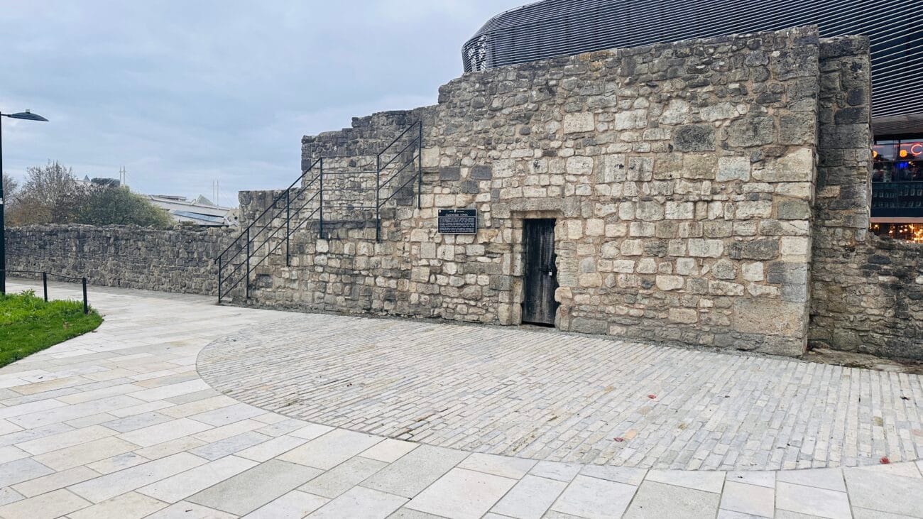 Dog walking along Southampton Old City Walls historic route