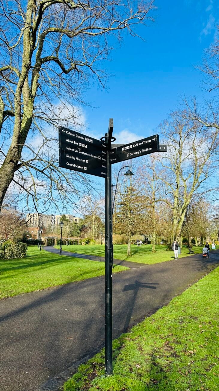 East Park wayfinding sign on park pathway