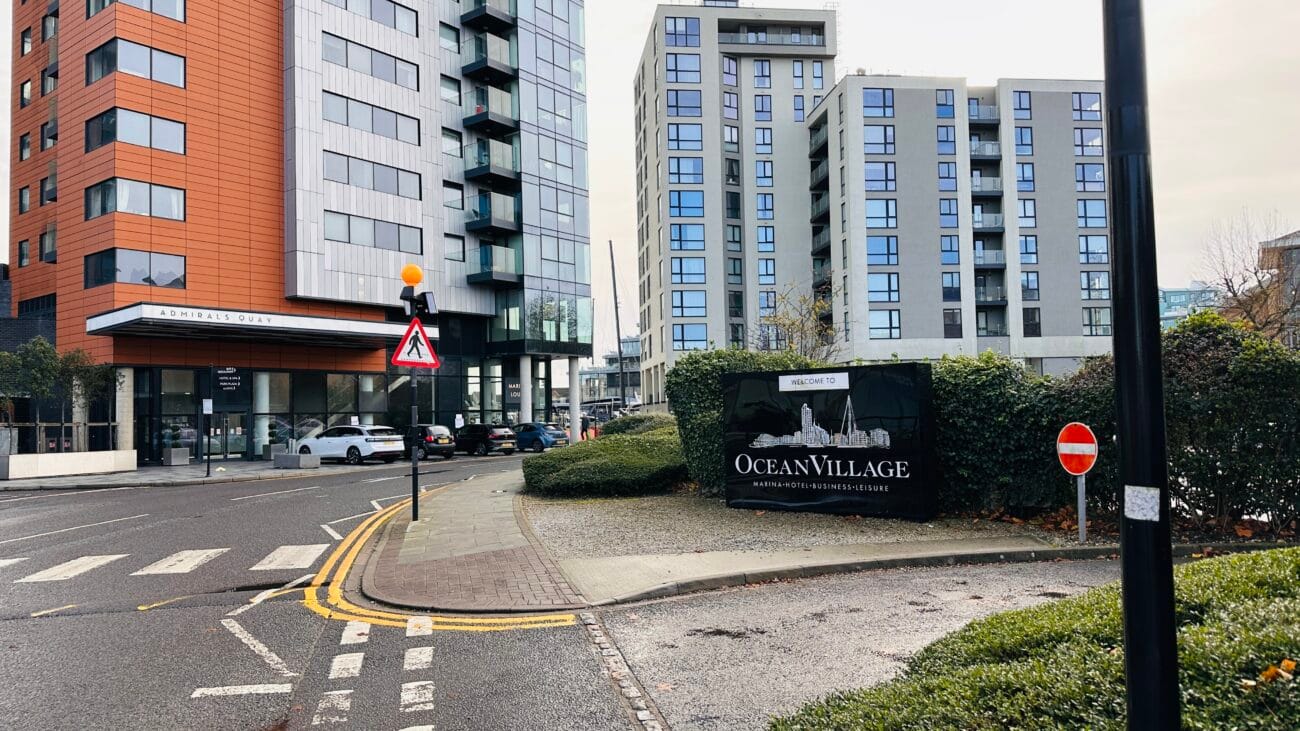 Entrance and sign for Ocean Village, Southampton