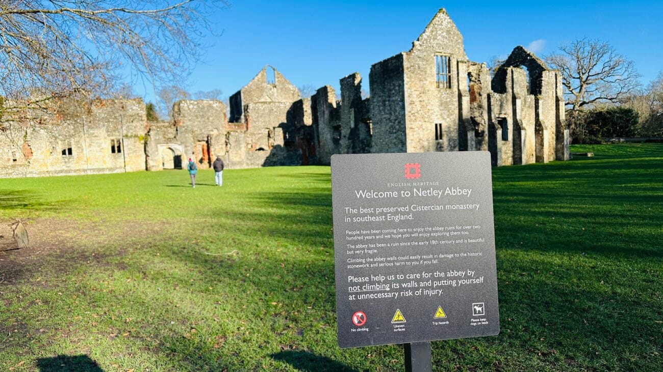 Heritage sign providing historical facts about Netley Abbey