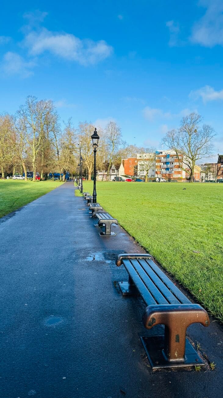 Hoglands Park seating area by the path