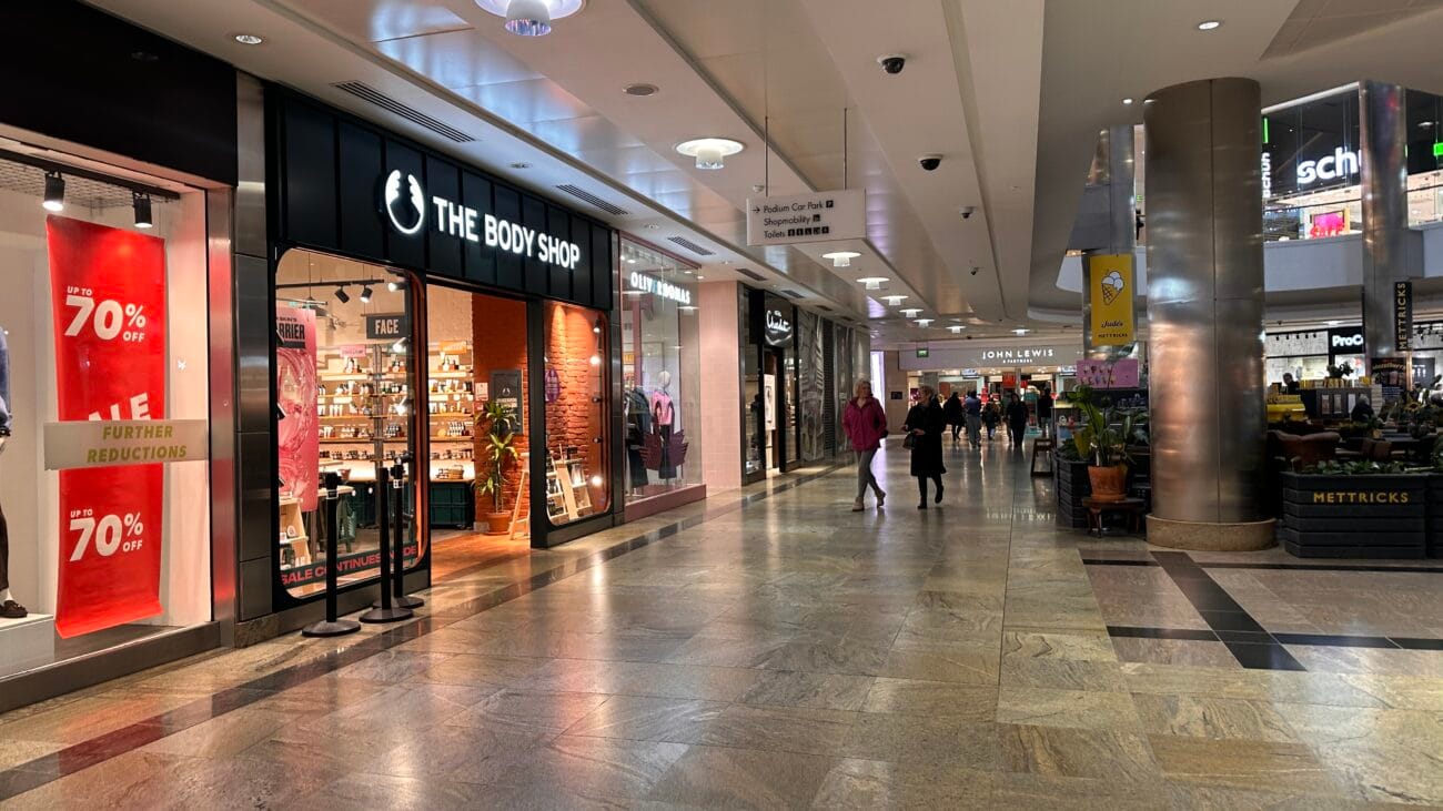 Inside Westquay with shops on both sides