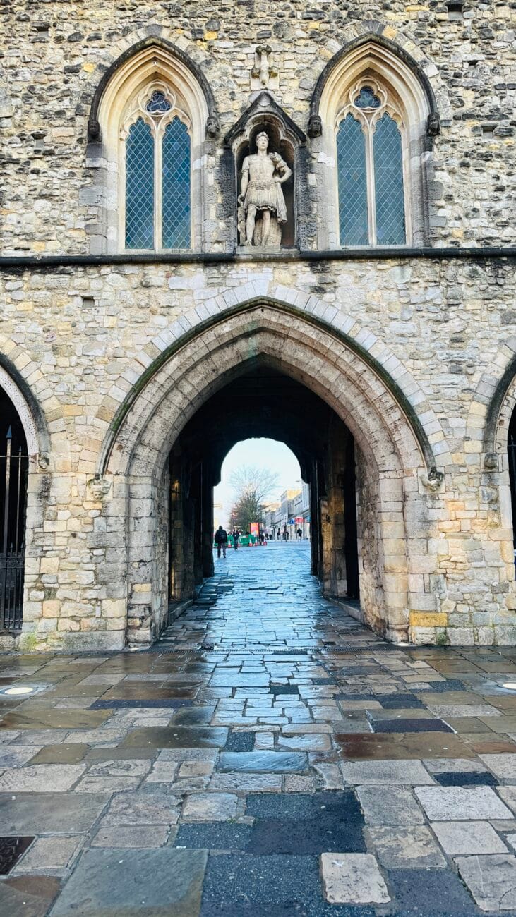 Looking through The Bargate interior tunnel toward the city centre, Southampton