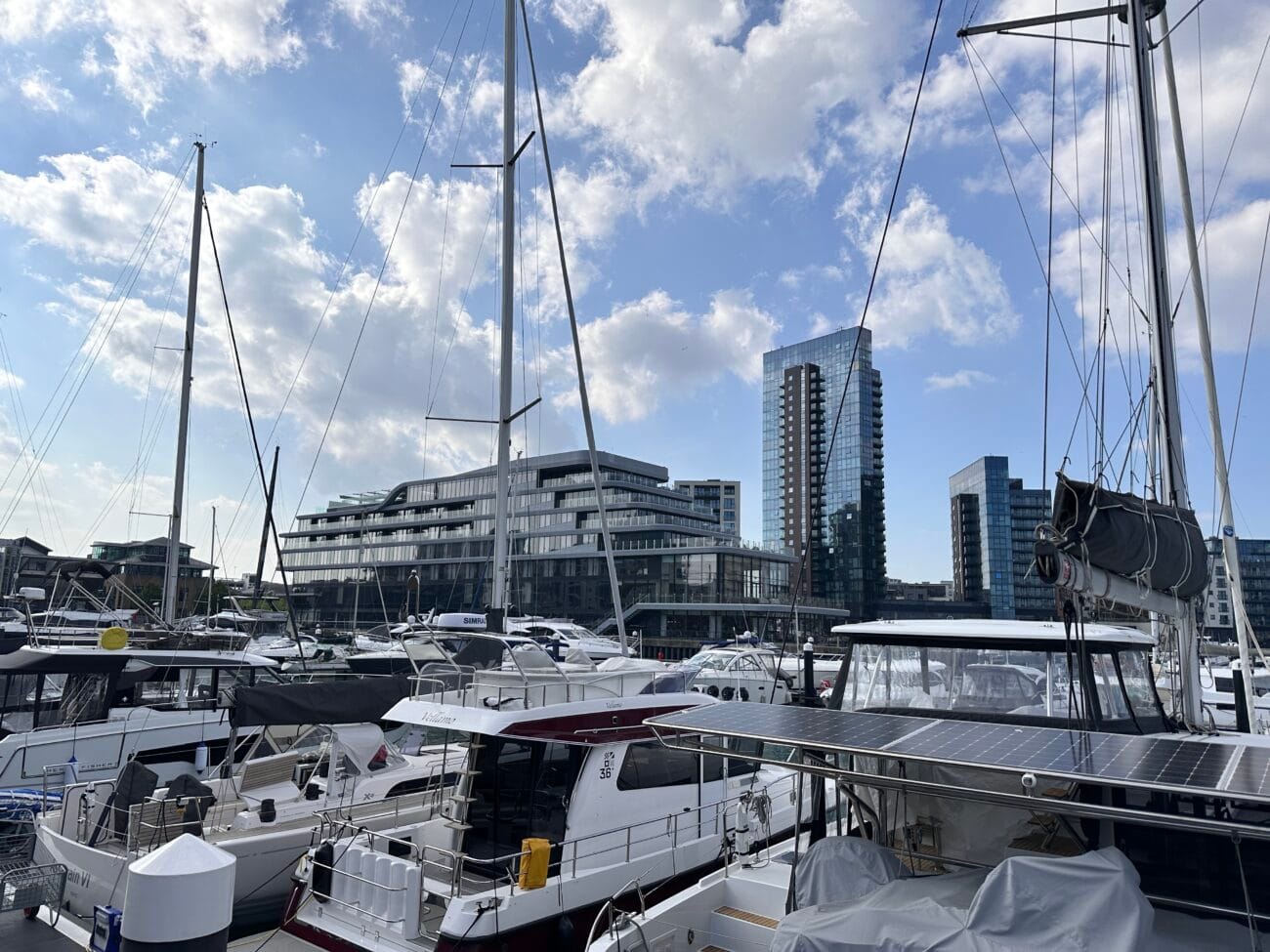 Ocean Village waterfront boats with Harbour Hotel in the background