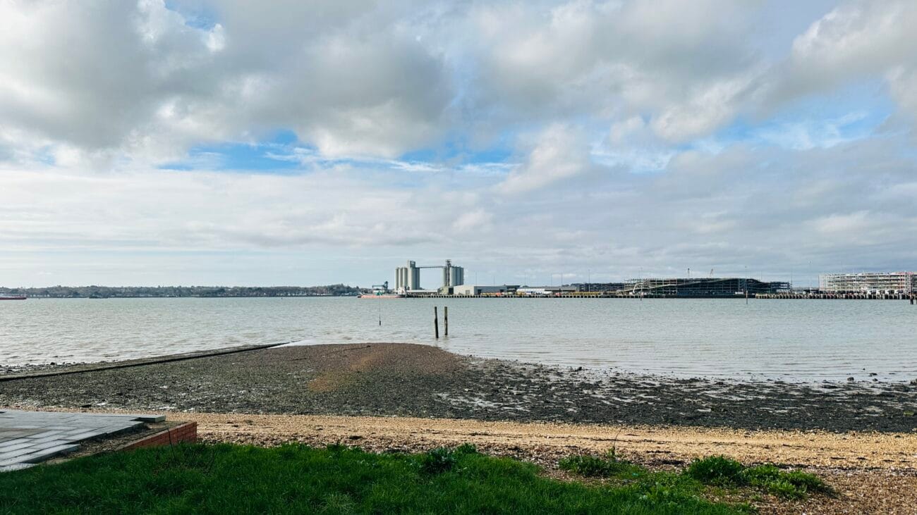 Shingle beach at Weston Shore looking towards the water.