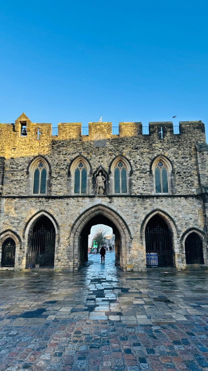 Street-level view of The Bargate arch and traffic-free pedestrian zone