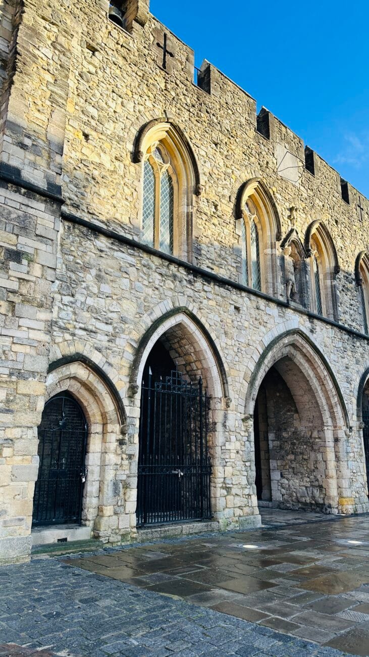The Bargate historic gatehouse in Southampton with reflections after rain