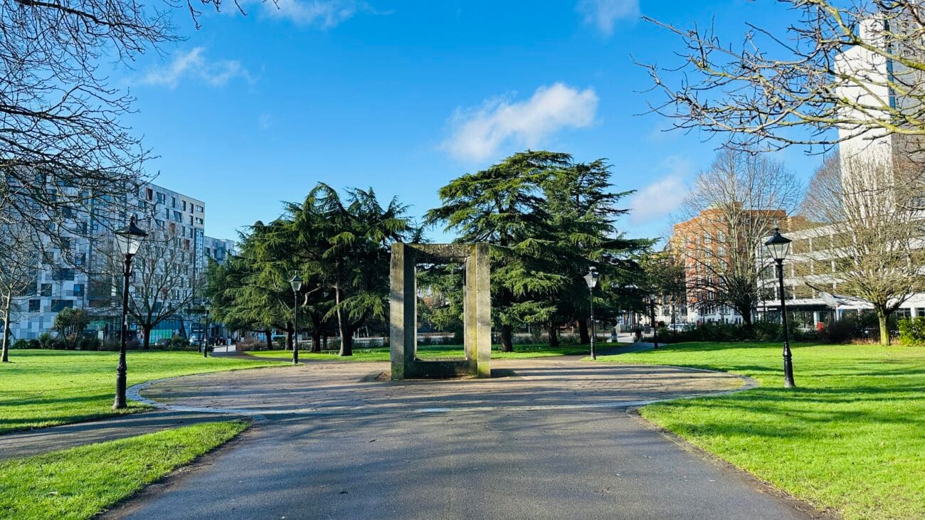 Watts Park paved paths and open lawn