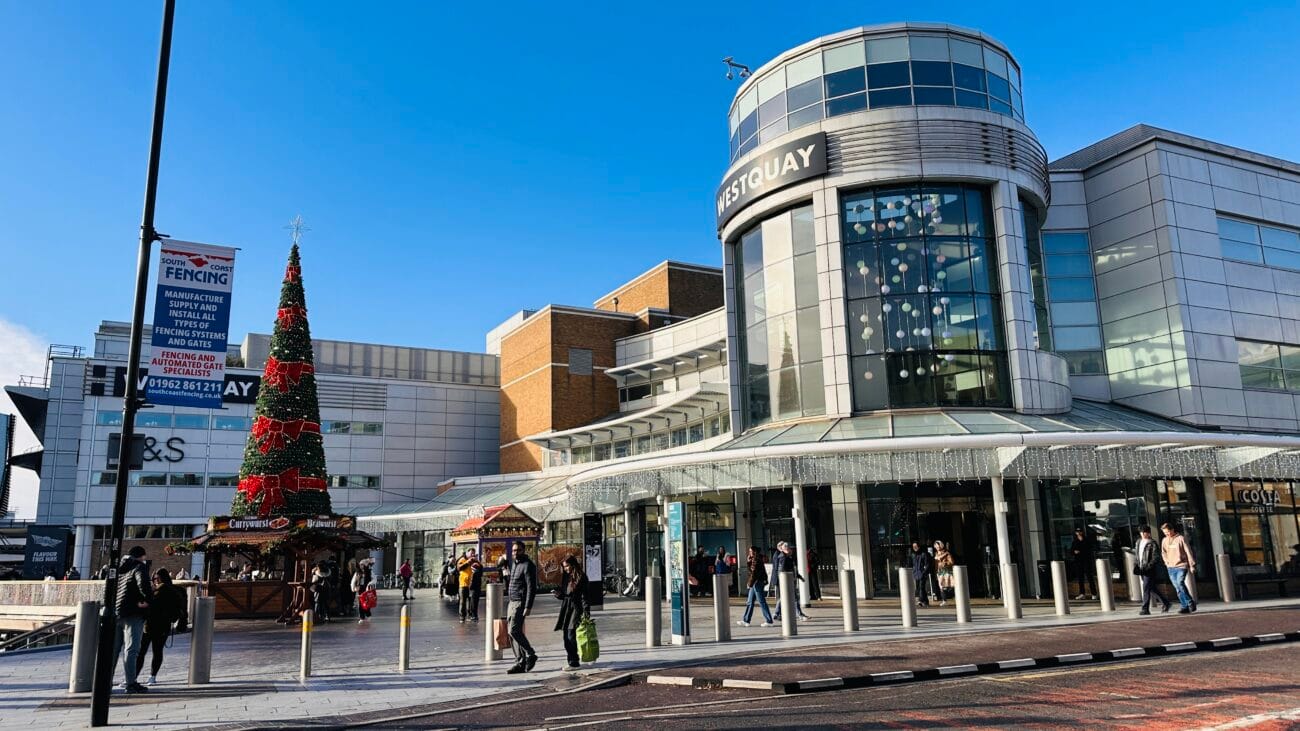 Westquay main entrance exterior with crowds, Southampton