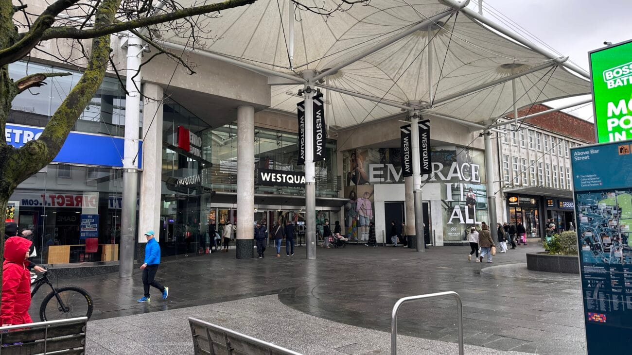 Westquay main entrance with shoppers, Southampton