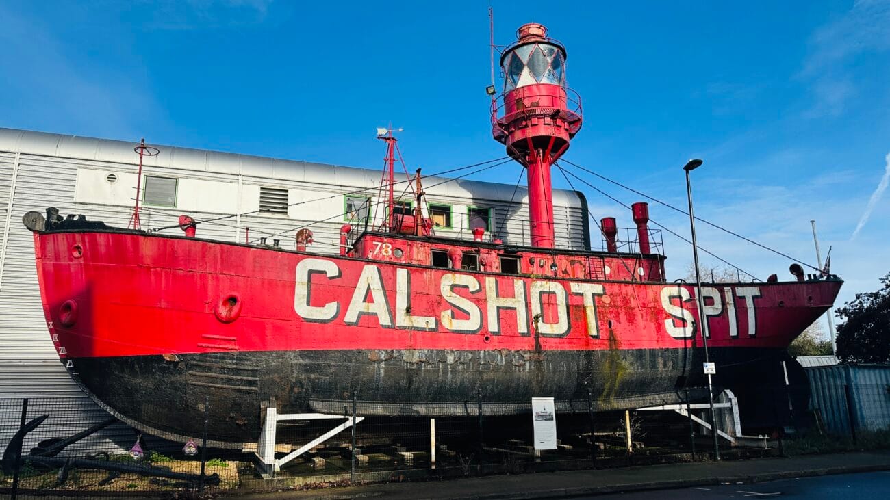 Wide angle shot of the Solent Sky Museum exterior and Calshot Spit lightship
