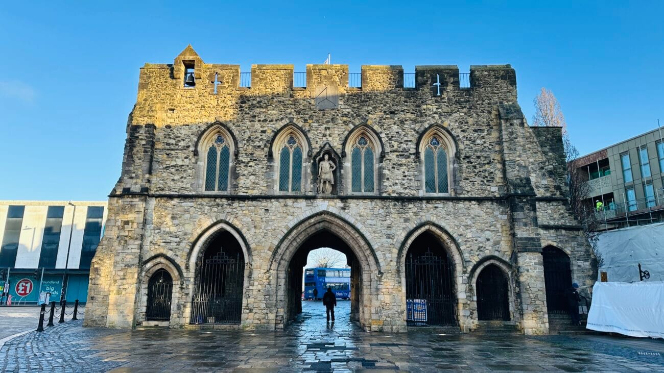 Wide shot of The Bargate gatehouse and surrounding High Street area